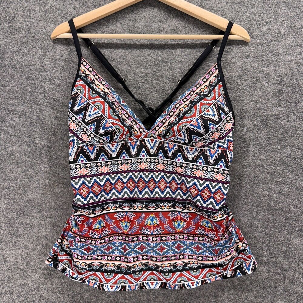 Kona Sol Tankini Top Women L Large Black Striped V-Neck Sleeveless Push Up